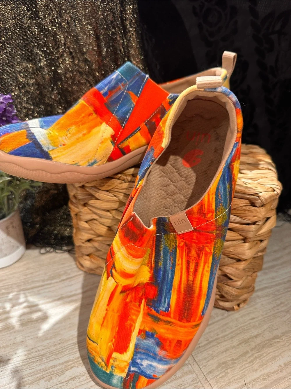 UIN Women's Slip-On Sneakers in Red, Yellow & Blue Abstract Print